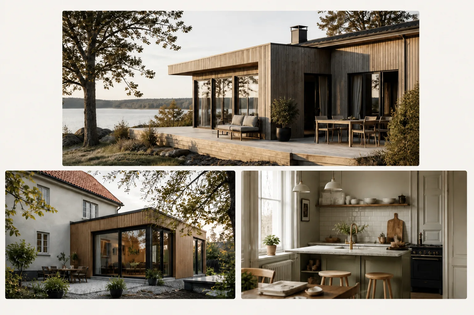 Tre exempel på svensk nyproduktion, tillbyggnad och köksrenovering