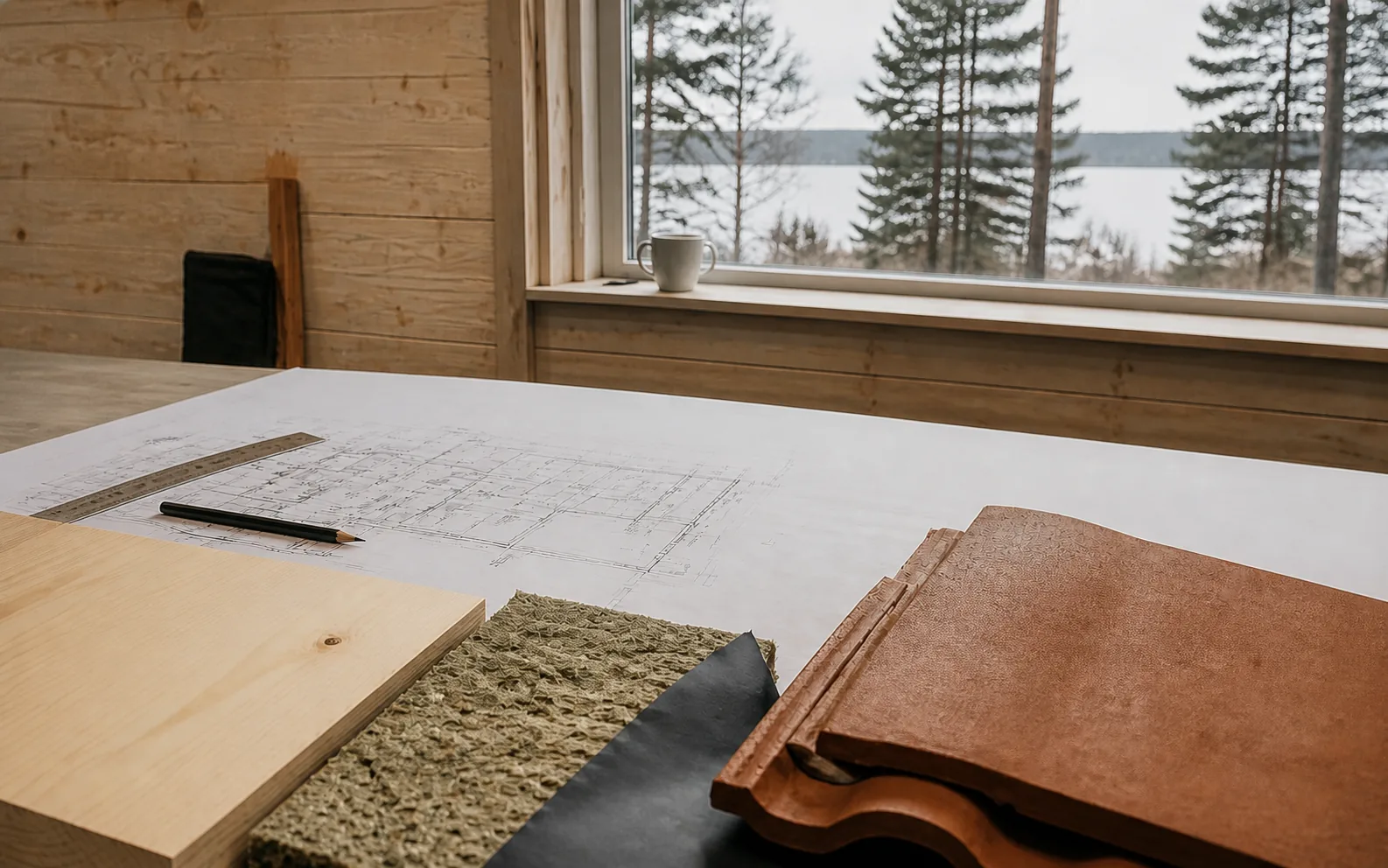 Ritning och materialprover inför ett byggprojekt i Mälardalen